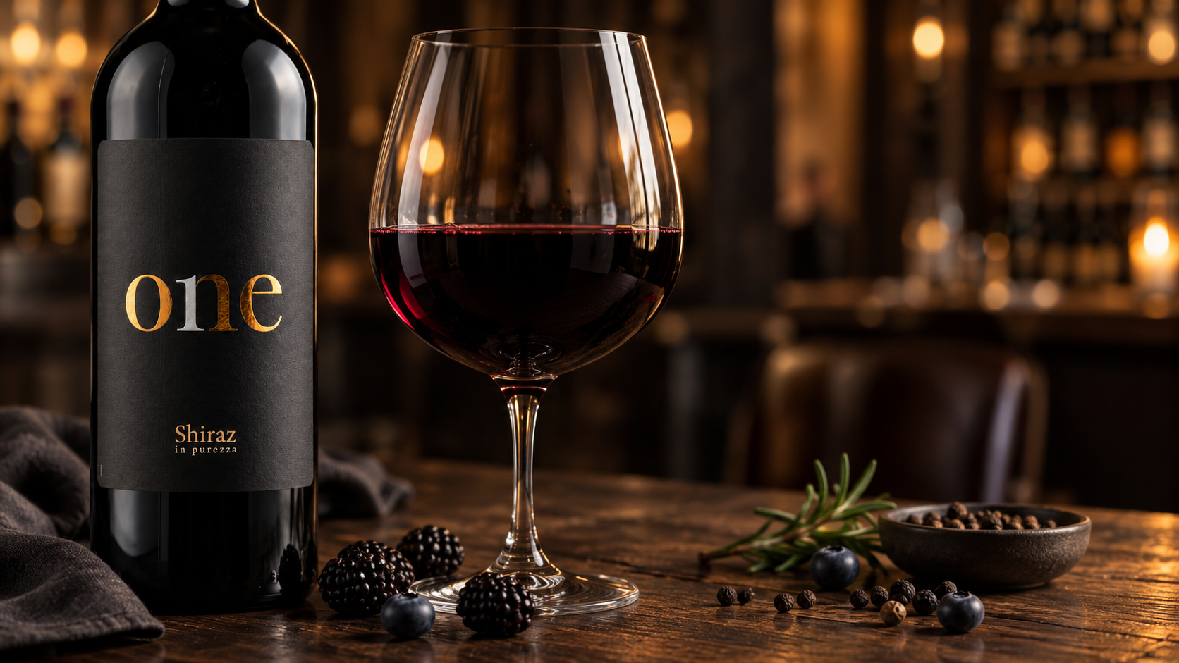 Shiraz servido em ta&ccedil;a, com amoras, mirtilos e especiarias